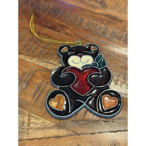 Vintage Stained Glass and Enamel Christmas 3D Sun Catcher Teddy Bear Ornament
